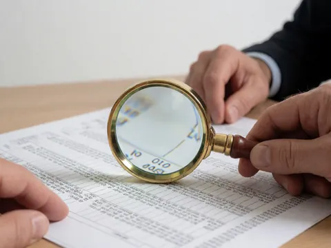 A wooden and metal magnifying glass rests on a financial document with blurred text, symbolizing detailed professional analysis in tax consulting.
