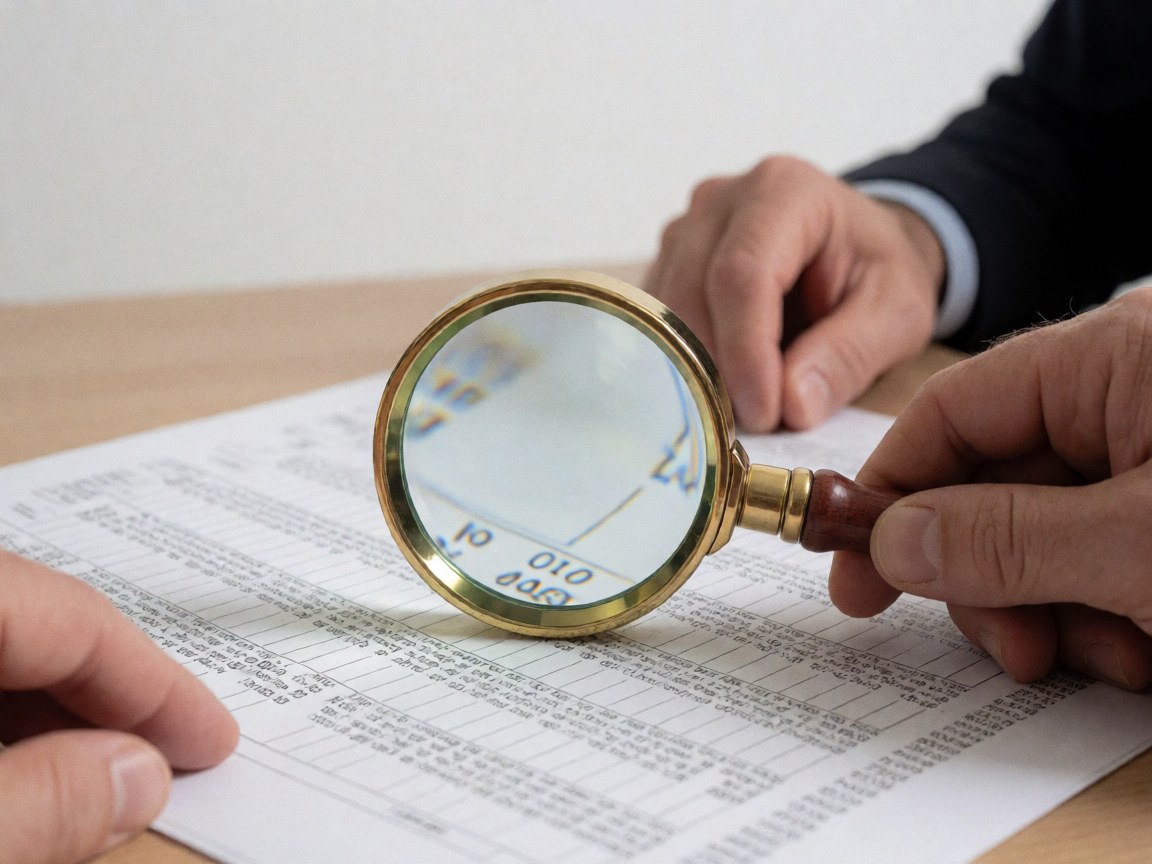 A wooden and metal magnifying glass rests on a financial document with blurred text, symbolizing detailed professional analysis in tax consulting.