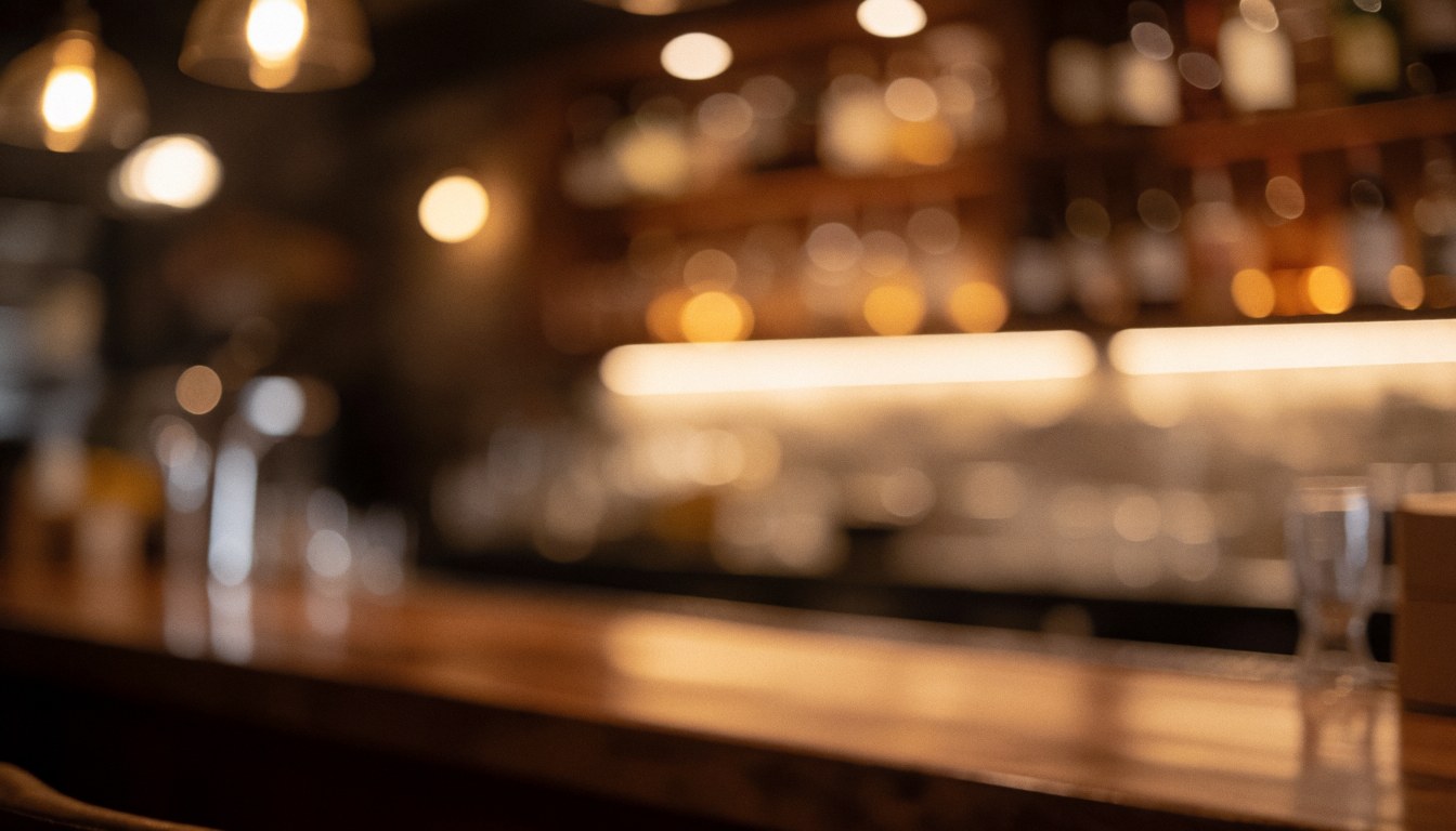 Softly blurred background featuring warm ambient lighting and bokeh effects, ideal for text overlays in bar and cocktail business promotions