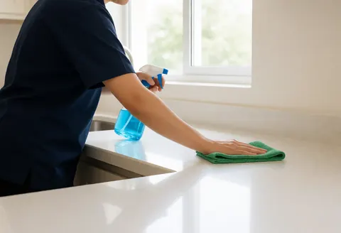 A professional cleaner uses a microfiber cloth to wipe down a white kitchen countertop, ensuring a hygienic and spotless surface for the home.