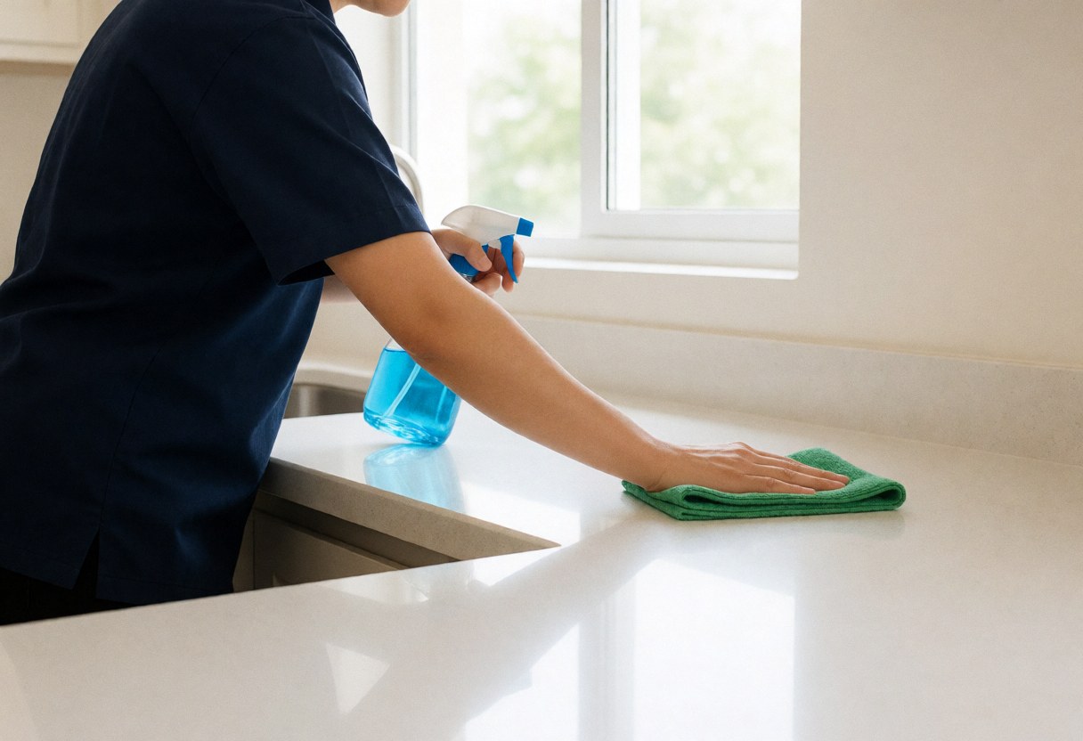 A professional cleaner uses a microfiber cloth to wipe down a white kitchen countertop, ensuring a hygienic and spotless surface for the home.