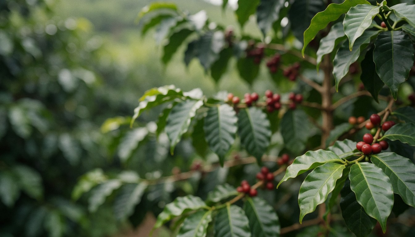Coffee background with green leaves and red cherries, ideal for text and agricultural tourism campaigns.