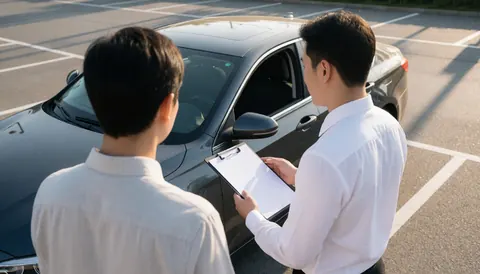 An insurance professional reviews paperwork with a client in a parking lot during sunset