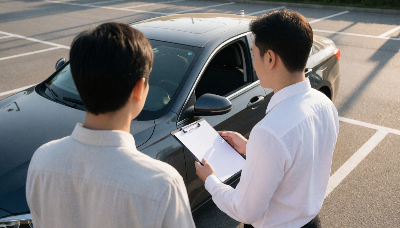 An insurance professional reviews paperwork with a client in a parking lot during sunset
