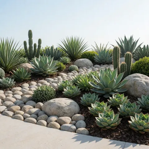 Clean xerophytic landscape featuring succulents, cacti, and stones, ideal for water-wise landscaping and low-maintenance design.