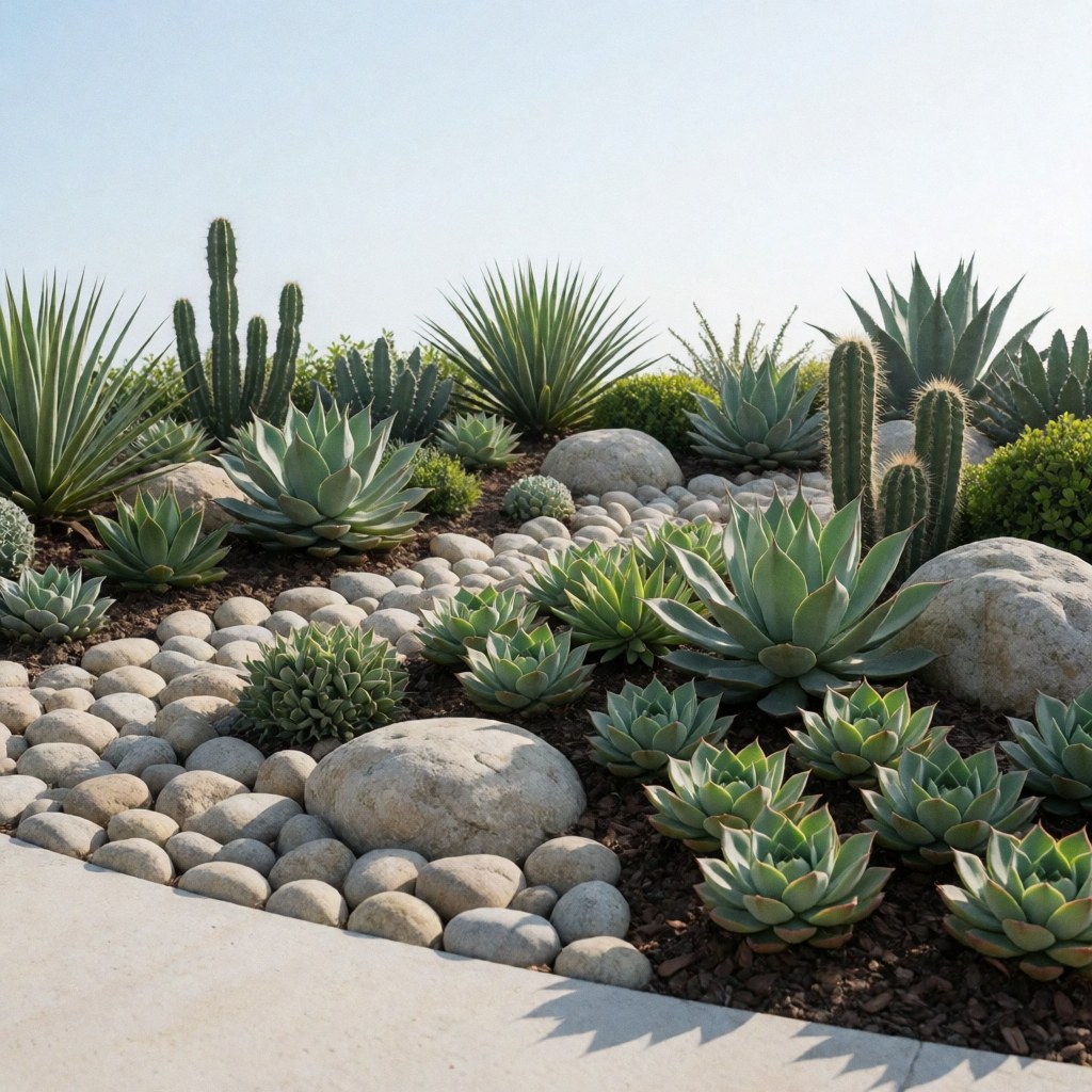 Clean xerophytic landscape featuring succulents, cacti, and stones, ideal for water-wise landscaping and low-maintenance design.