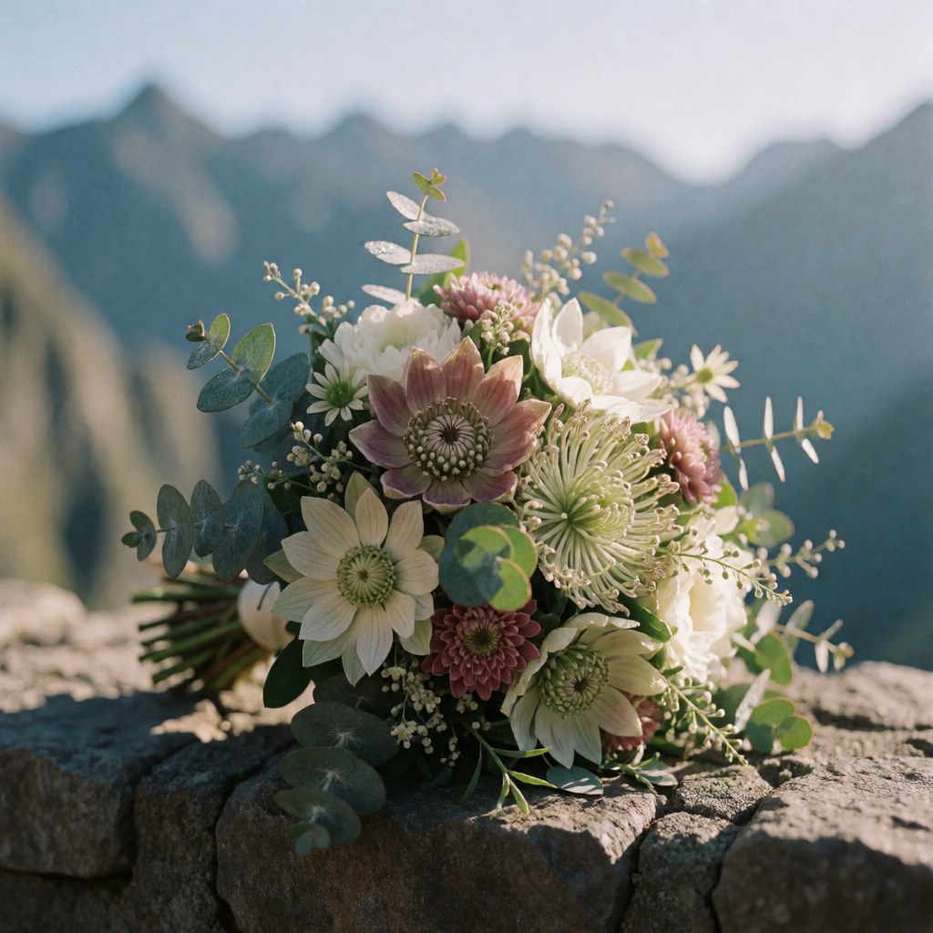 Bouquet of andean flowers with cantuta and eucalyptus on a stone wall with mountains in the background and soft morning light