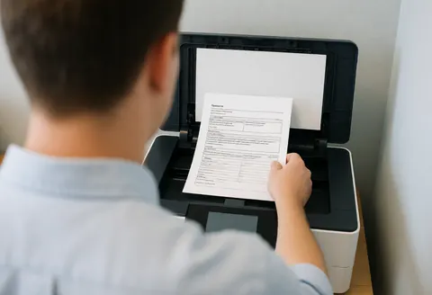 A professional person scans a solar energy document in a modern office with soft lighting and a calm atmosphere, focusing on the digitalization action.
