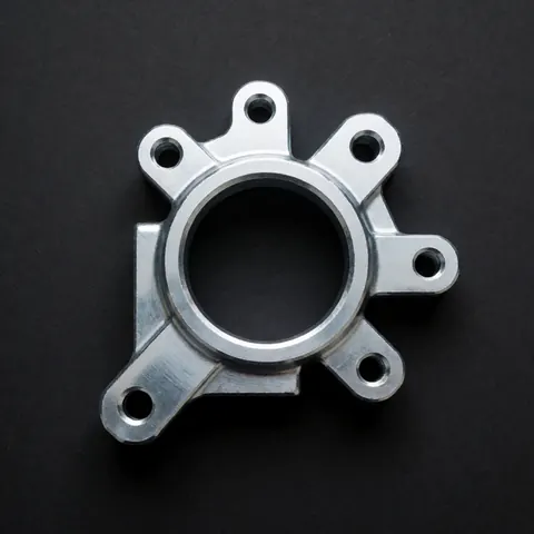 Detailed close-up of a complex metal part with a shiny metallic finish against a black background, highlighting precision engineering and industrial manufacturing quality.