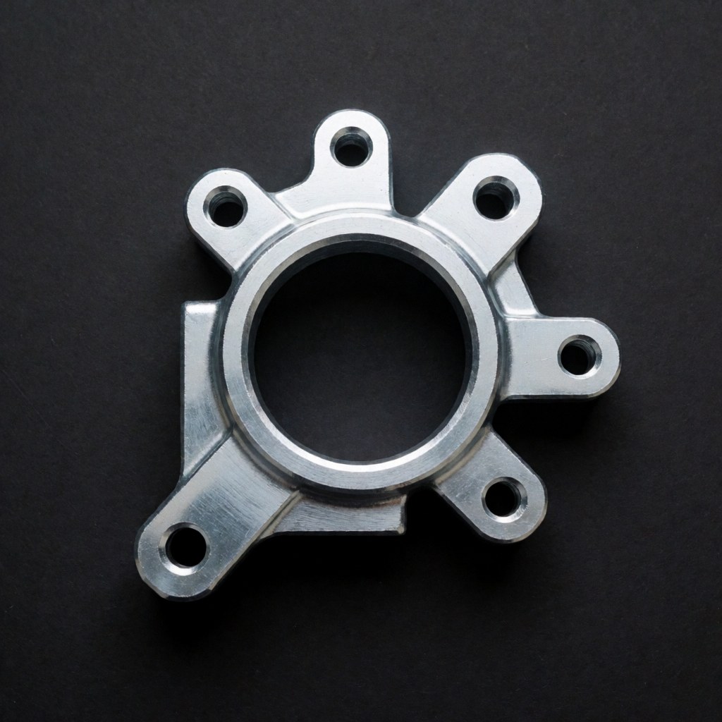 Detailed close-up of a complex metal part with a shiny metallic finish against a black background, highlighting precision engineering and industrial manufacturing quality.