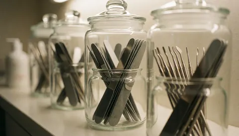 Close-up of sterilized glass jars and metal nail care tools arranged neatly on a clean white surface, emphasizing hygiene and professionalism in a nail salon setting.