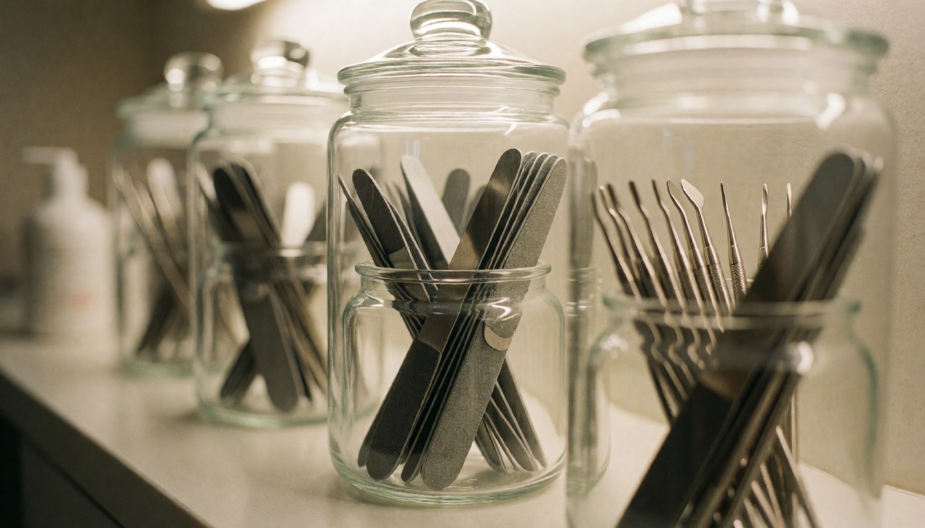 Close-up of sterilized glass jars and metal nail care tools arranged neatly on a clean white surface, emphasizing hygiene and professionalism in a nail salon setting.