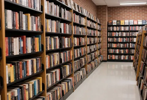 A wide panoramic shot of a spacious bookstore interior featuring brick walls, wooden shelves filled with books, and a clean floor.