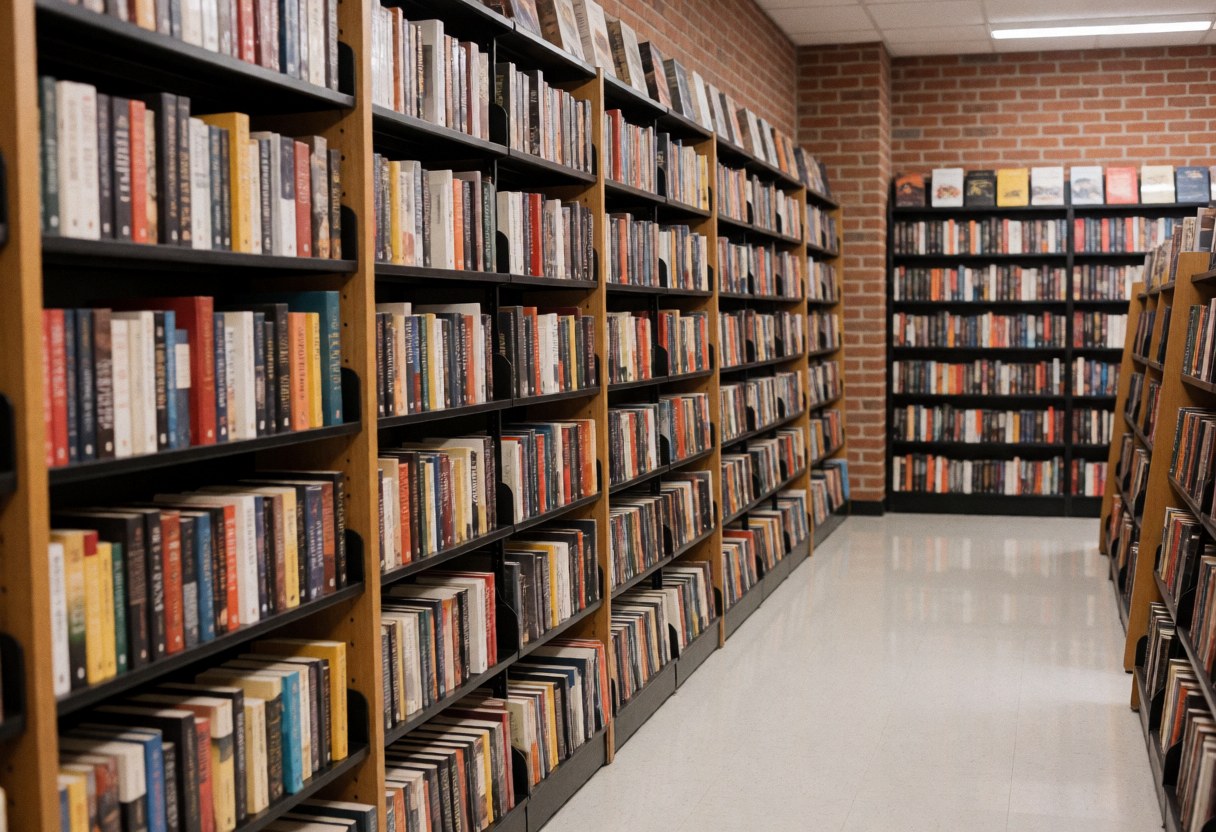 A wide panoramic shot of a spacious bookstore interior featuring brick walls, wooden shelves filled with books, and a clean floor.