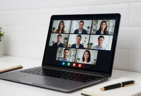 White desk with laptop showing blurred video call participants, notebook and pen nearby, clean professional lighting for HR recruitment