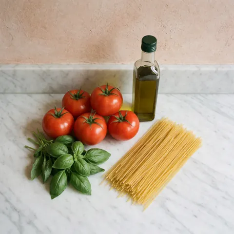 Fresh tomatoes, basil, olive oil, and pasta arranged on a marble surface in a home kitchen setting for language school product use
