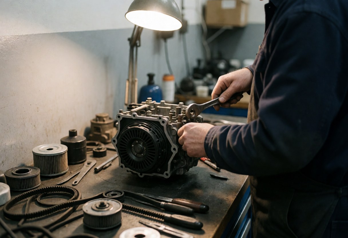 Technician working on a disassembled engine on a workbench surrounded by tools and parts under a work light with a blurred background