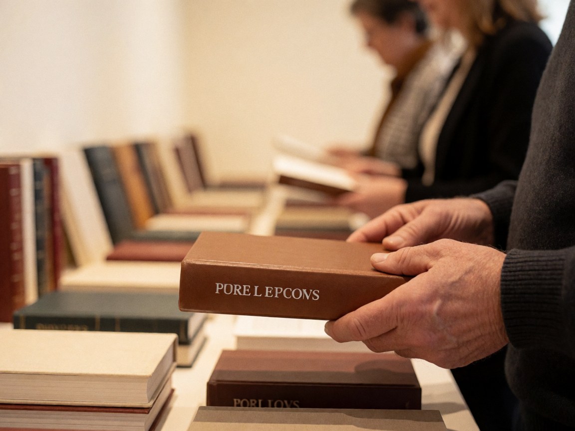 Close-up of hands holding a hardcover book with an embossed title, with other books visible in the blurred background of a bookstore.