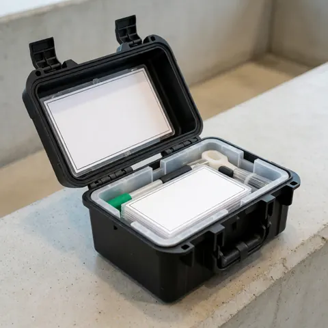 Open professional sampling kit in a black case on concrete with visible white labels and tools, ideal for field work.