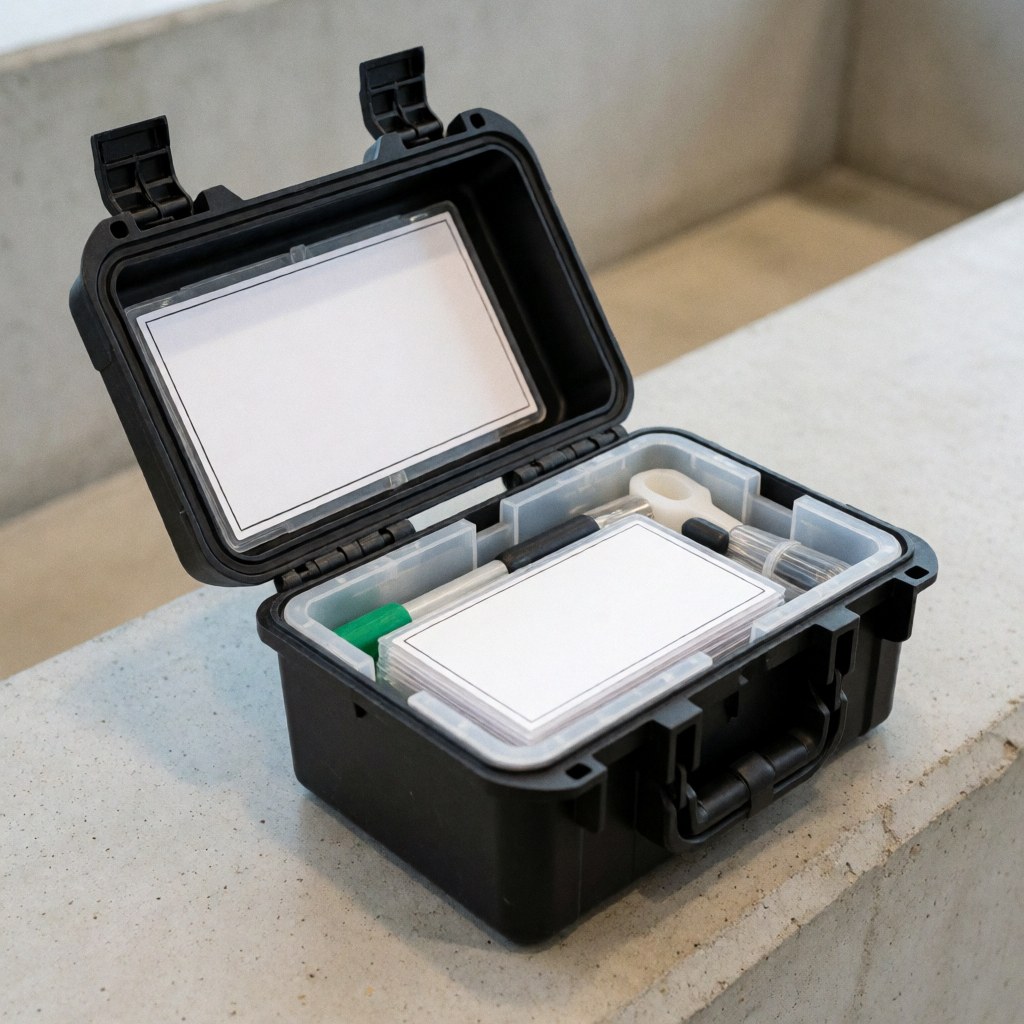 Open professional sampling kit in a black case on concrete with visible white labels and tools, ideal for field work.