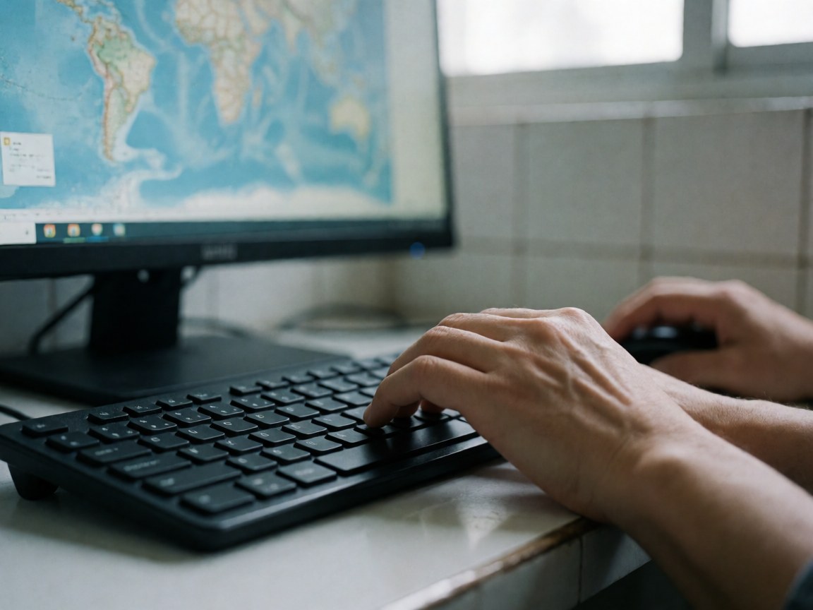 Adult hands typing on a black keyboard while holding a mouse, with a world map displayed on the monitor against white tiled walls and soft natural light