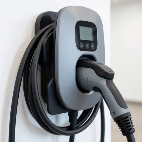 Close-up of a sleek modern electric vehicle charger mounted on a wall, featuring digital display and control buttons for home or business use