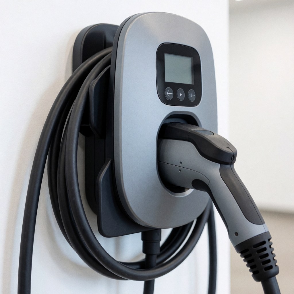 Close-up of a sleek modern electric vehicle charger mounted on a wall, featuring digital display and control buttons for home or business use
