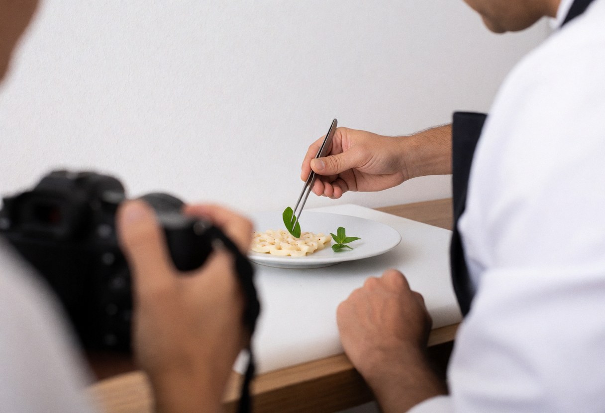 A food stylist uses tweezers to place a herb leaf on a dish while a photographer captures the scene in a bright kitchen studio.