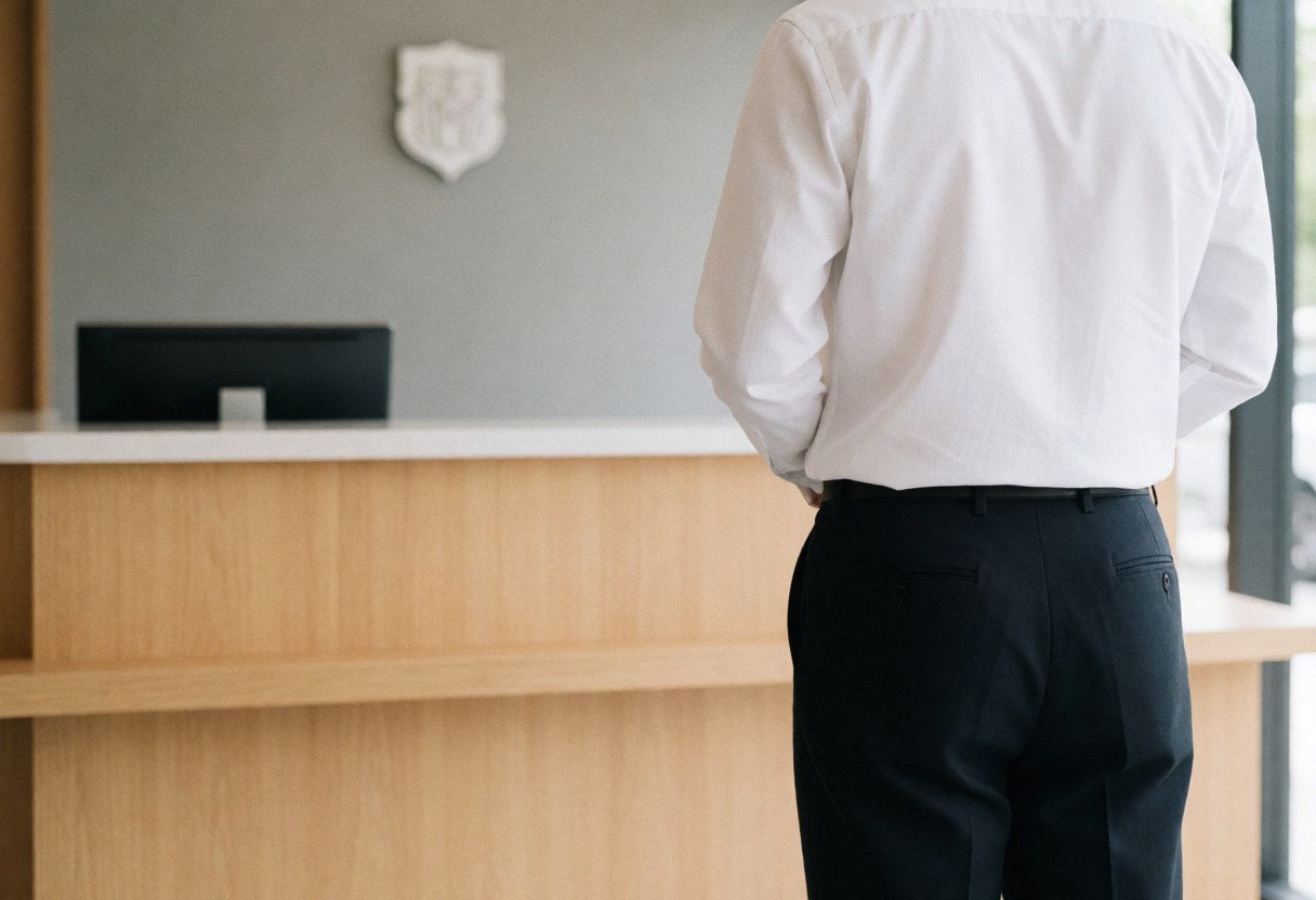 Person standing with back to camera at a modern reception area featuring a light wood desk, black monitor, and gray wall in a professional setting