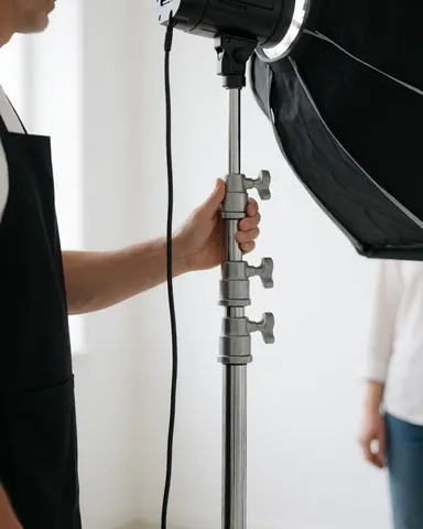 Professional photographer adjusting a light stand with a softbox in a white studio, showing the team and preparation for a photo session.