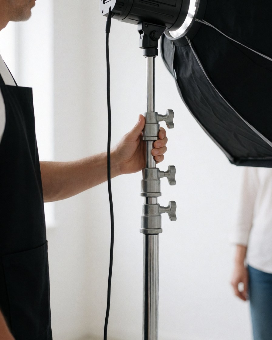 Professional photographer adjusting a light stand with a softbox in a white studio, showing the team and preparation for a photo session.
