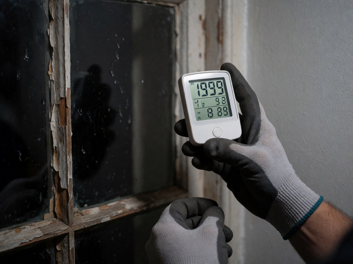 A professional wearing gloves uses a hygrometer to check humidity levels on an old, worn window frame with visible condensation on the glass.