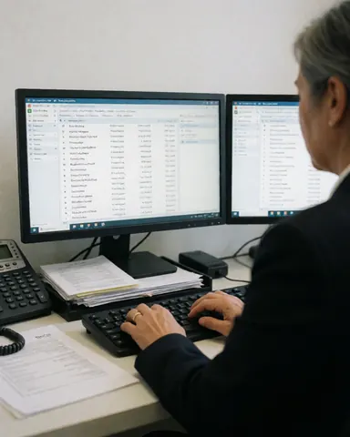 Travel agent working at a desk with dual monitors displaying flight itineraries, surrounded by office supplies and a phone in a professional setting.