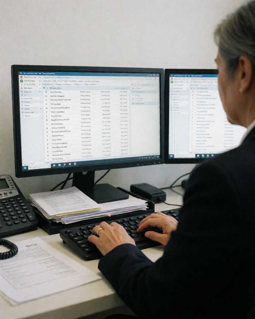 Travel agent working at a desk with dual monitors displaying flight itineraries, surrounded by office supplies and a phone in a professional setting.