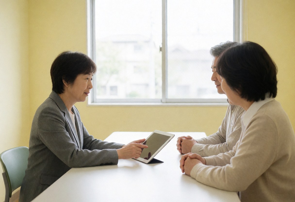 Banking professional in gray jacket explains tablet data to two seated clients at a white table near a window with yellow wall