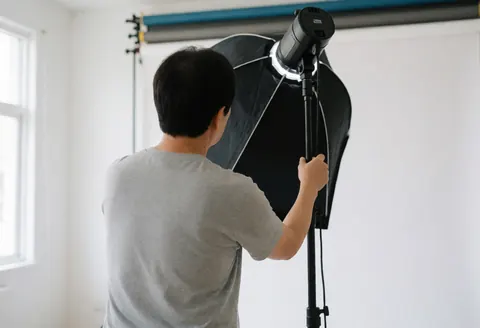 Professional photographer adjusting a softbox light in a white background studio, showing photography equipment and preparation for a photo session.