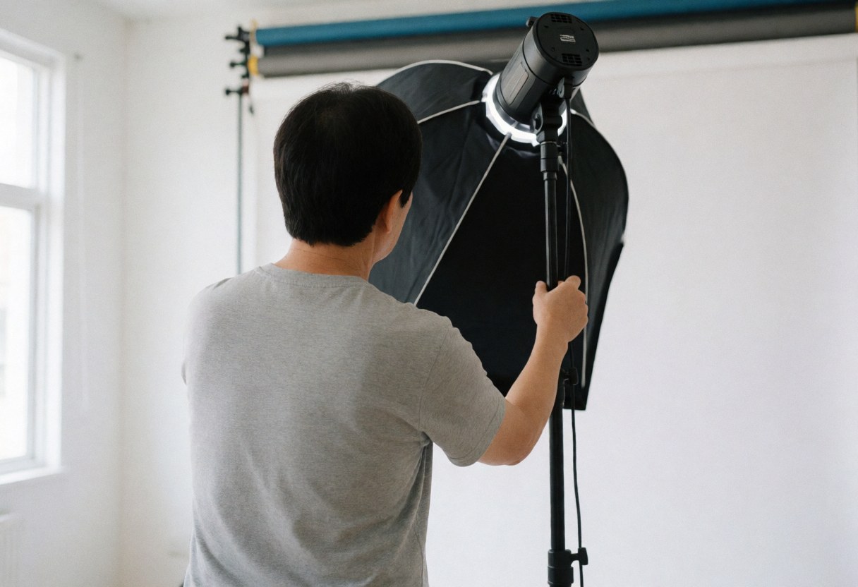 Professional photographer adjusting a softbox light in a white background studio, showing photography equipment and preparation for a photo session.