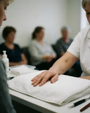 Professional manicurist working on a client's nails with a white towel, while others wait in the background of the salon