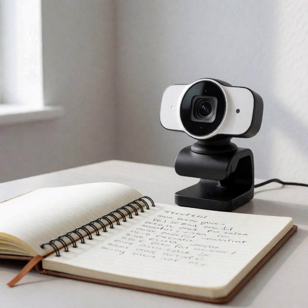 Professional webcam on a desk with an open notebook and handwritten notes, lit by natural light, ideal for online courses and digital creation.
