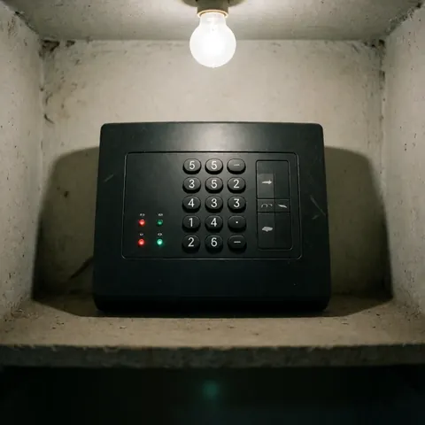 A security alarm control panel installed on a concrete wall featuring red and green LED indicator lights, buttons, and visible wiring for residential or commercial use