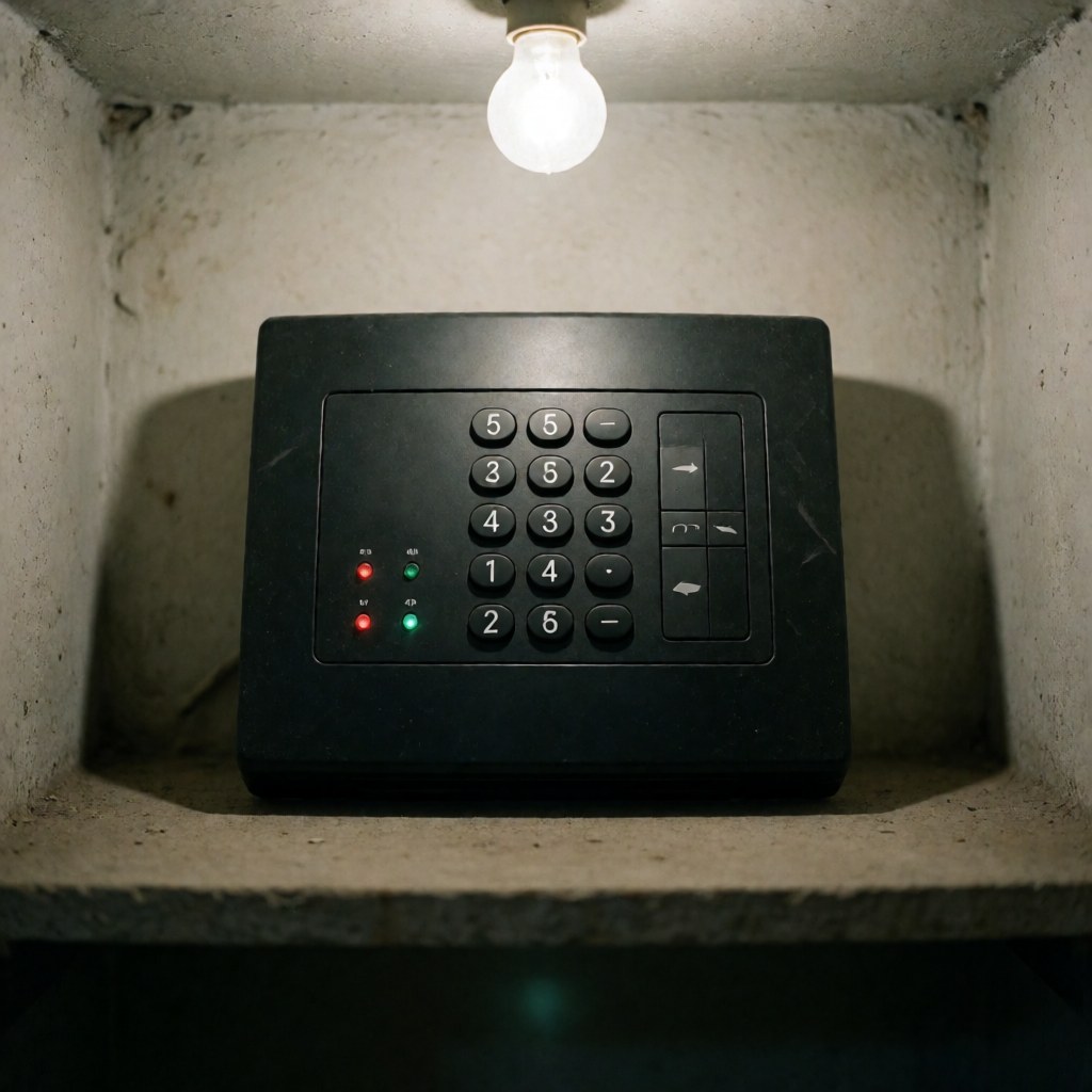 A security alarm control panel installed on a concrete wall featuring red and green LED indicator lights, buttons, and visible wiring for residential or commercial use