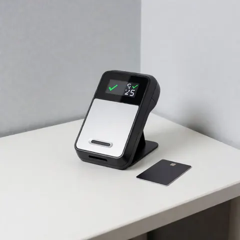 Black biometric registration terminal with green screen on white desk next to access card