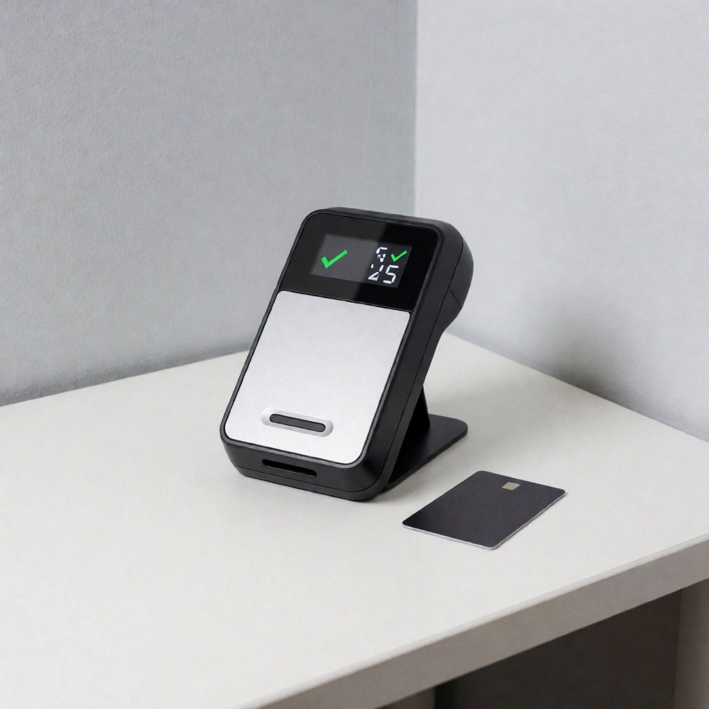 Black biometric registration terminal with green screen on white desk next to access card