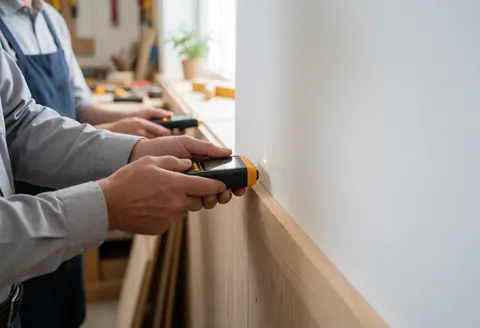Professional measuring baseboard with laser in workshop, tools in background, natural light, text space