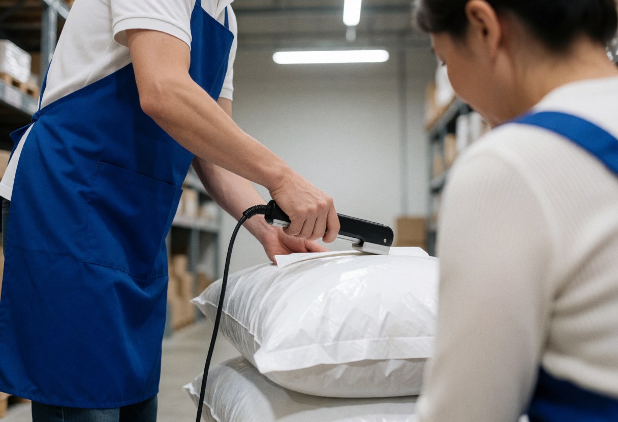 Worker sealing a fertilizer bag with a manual sealer in a warehouse with shelves and fluorescent lights in the background
