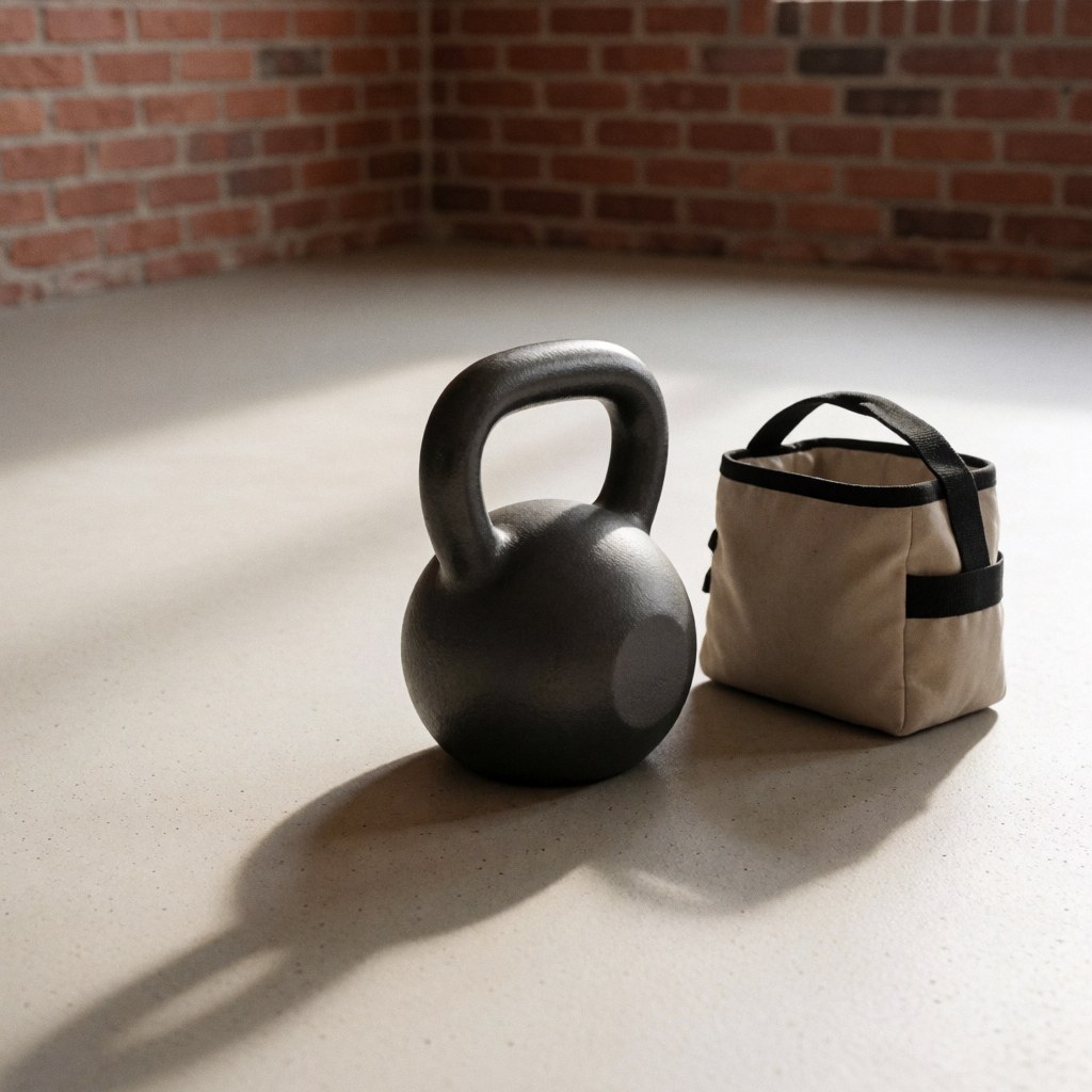 A black cast iron kettlebell resting on a dark rubber gym floor with soft lighting and long shadows against a brick wall background