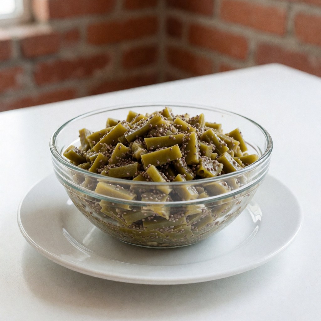 Fresh nopal cactus salad with chia seeds served in a clear glass bowl on a white plate against a red brick wall with soft natural lighting