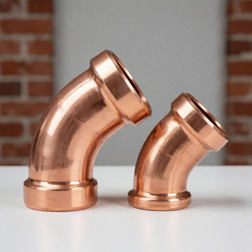 Close-up of various copper plumbing fittings including elbows and unions arranged on a white surface with a brick wall in the background