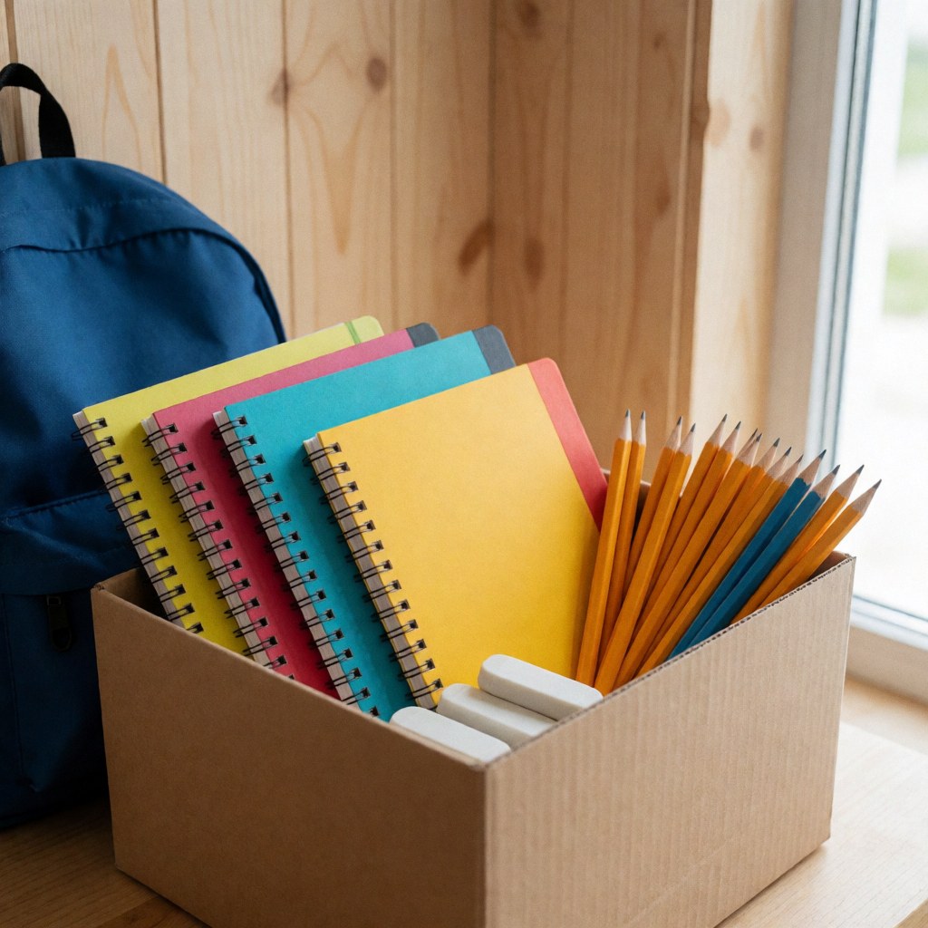 Cardboard box filled with colorful notebooks, pencils, and erasers next to a blue backpack on a wooden surface near a window.