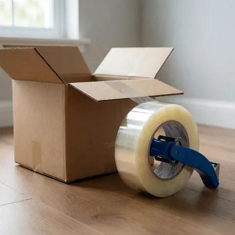 A roll of clear packing tape sits on top of a cardboard box, ready for moving and shipping purposes in a home or office setting.
